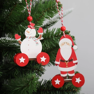Wooden Santa and Snowman Christmas tree hanging ornaments with red and white cotton string