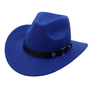 Classic royal blue cowboy felt hat with black leather belt and metal buckle