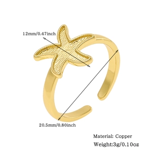 Detailed view of 18K gold plated starfish open ring with dimensions and material specs