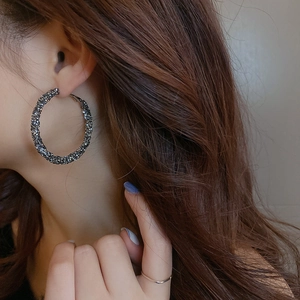 Detailed view of silver hoop earrings with a textured pavé finish on a fashion model