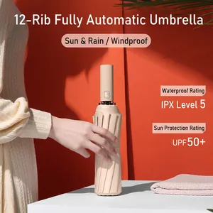 Automatic 12-rib folding umbrella with IPX5 waterproof and UPF 50 plus sun protection