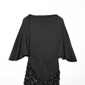 Elegant black midi dress with batwing sleeves and a sparkling sequined skirt for women