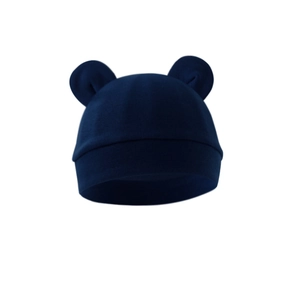 Detail of navy blue baby knit beanie with cute bear ears on high elastic fabric