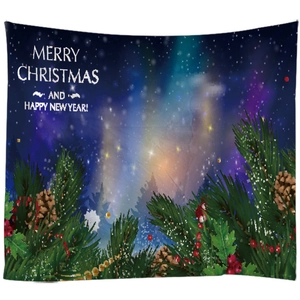 Christmas tapestry with pine cones, red berries and starry night sky background