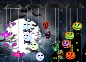 Solar Halloween wind chime lights with LED bats, pumpkins and Jack Skellington motifs