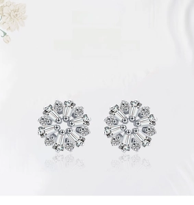 Detailed macro shot of S925 silver flower stud earrings with sparkling cubic zirconia