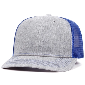 Detail view of contrast stitching and breathable navy mesh on a grey trucker hat