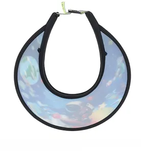 Detail of blue sun visor for kids with space astronaut print and adjustable strap