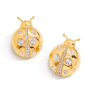 Boucles d'oreilles coccinelle classiques en acier titane doré avec strass blancs brillants