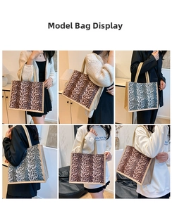 Collage of model wearing leopard print linen tote bag showing capacity and styling options
