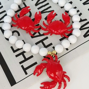 Collana con Pendente a Granchio Rosso e Orecchini Stile Spiaggia Oceano Esagerati in Lega e Smalto con Perle Artificiali
