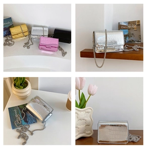 Collage of mini crocodile pattern chain bags in gold silver pink and black colors