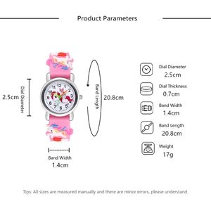 Detailed product parameters infographic for children's unicorn watch with pink silicone strap