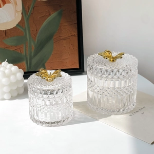 Relief Glass Storage Jar With Golden Butterfly Lid Handle Vintage Desktop Organizer For Jewelry Candy Cotton Swab