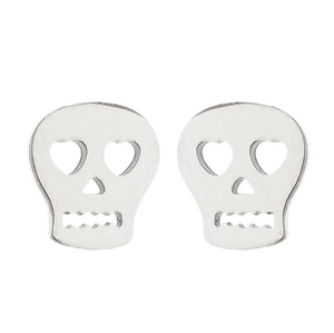 Punk style silver skull stud earrings with heart eyes on a clean white background