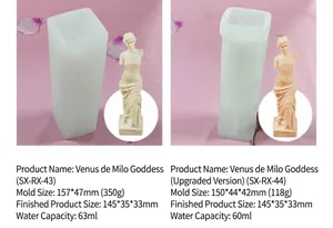 Detalle del molde de silicona Venus con estatua de yeso y especificaciones de tamaño