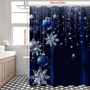 Détail du rideau de douche de Noël 180x180cm avec motifs de flocons de neige bleus