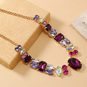 French vintage luxury necklace with multicolored crystals and gold metal chain