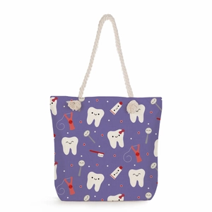 Purple canvas tote bag featuring cute cartoon tooth prints and white rope handles