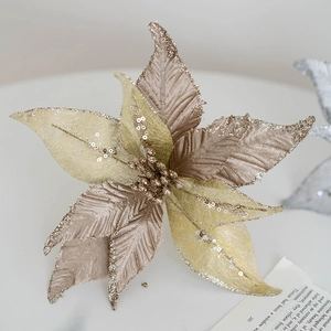 Fleur de Noël artificielle 25cm champagne doré avec paillettes et pétales scintillants