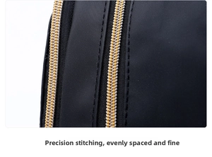 Detail of dual gold zippers and precise stitching on black Oxford fabric bag