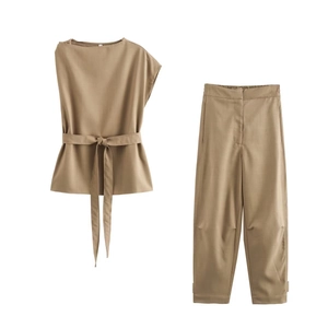 Women Sleeveless Round Neck Waist Tie Top And High Waist Straight Leg Pants Khaki Solid Color Casual Streetwear Woven