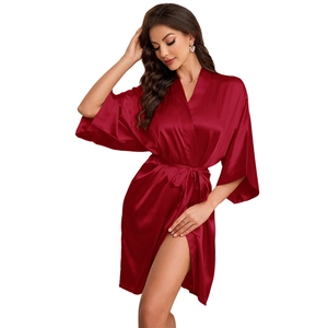 Elegant wine red satin robe for women with a silk-like finish and belted waist design