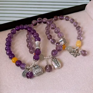 Amethyst Beaded Bracelet With S925 Sterling Silver Hetian Jade Butterfly Lucky Pendants Vintage Jewelry For Women