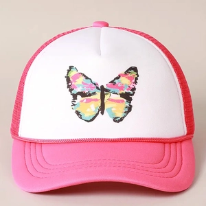 Casquette trucker rose et blanche imprimé papillon avec filet et sangle réglable