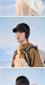 Close-up of winter knit beanie with fleece lining, ear protection and peak brim detail