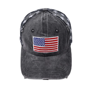 Vintage washed denim baseball cap with American flag patch and star mesh detail