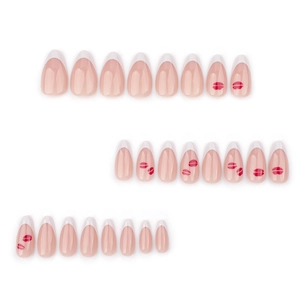 French tip almond press-on nails with white edges and red romantic lip prints