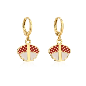 18K gold plated hoop earrings with red and white enamel fan pendants on white background