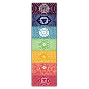 Vertical detail of seven colorful Chakra energy symbols on white decorative wall hanging