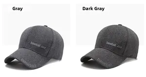 Detail showing high-quality grey and dark grey cotton baseball caps with 3D embroidery