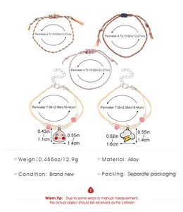 Detailed size chart for five-piece bohemian friendship bracelet set with peach charms