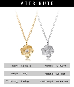 Detail of flower pendant necklace in silver and gold with S925 hallmark and specs