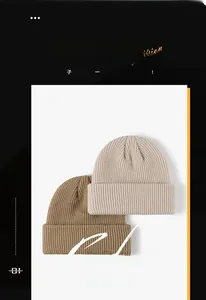 Detail of ribbed knit winter beanies in beige and coffee brown colors with cuffed design
