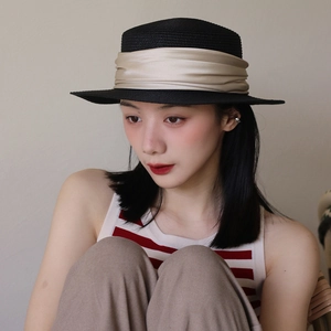 French Vintage Flat Top Straw Hat Women Sun Protection Elegant Boater Hat With Satin Ribbon Wide Brim Summer Beach Travel Accessory
