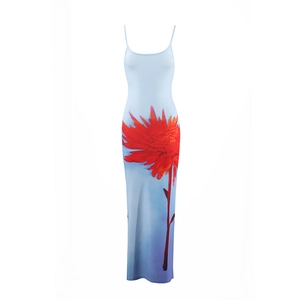 Detail of light blue floral maxi dress with red flower print and slim-fit silhouette