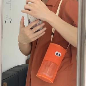 Cute orange mesh cylinder bag with cartoon eye design and adjustable strap for water bottles