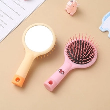 Cute pink cartoon hairbrush and yellow mirror set for girls and kids with anti-static design