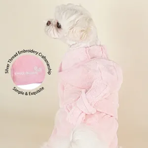 Pink hooded pet bathrobe with sweet dreams embroidery for small dogs in soft velvet cloth