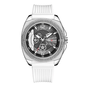 Chrono sports watch with silver tonneau case, hollow grey dial and white silicone strap