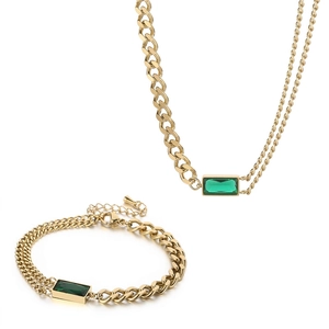 Stainless Steel Necklace And Bracelet Women Asymmetric Cuban Link With Rectangular Emerald Green Gemstone Pendant Luxury