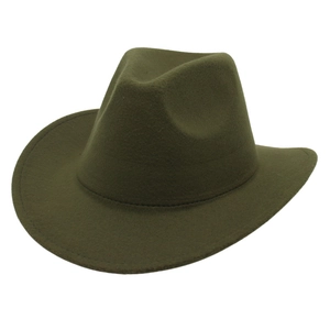 Detail shot of army green felt cowboy hat with reinforced stitching on wide brim