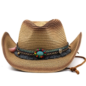 Western Cowboy Straw Hat Bohemian Ethnic Band Turquoise Decor Gradient Sun Protection Beach Travel Windproof Rope