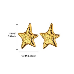 Macro view of 14mm golden starfish earrings with detailed dimensions in inches and mm