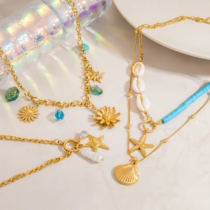 Stainless Steel Layered Necklace With Starfish Shell Daisy Pendant And Blue Beads 18K Gold Plated Ocean Style For Women