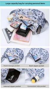 Detailed view of large capacity nylon crossbody bag with multiple zippers and dot pattern